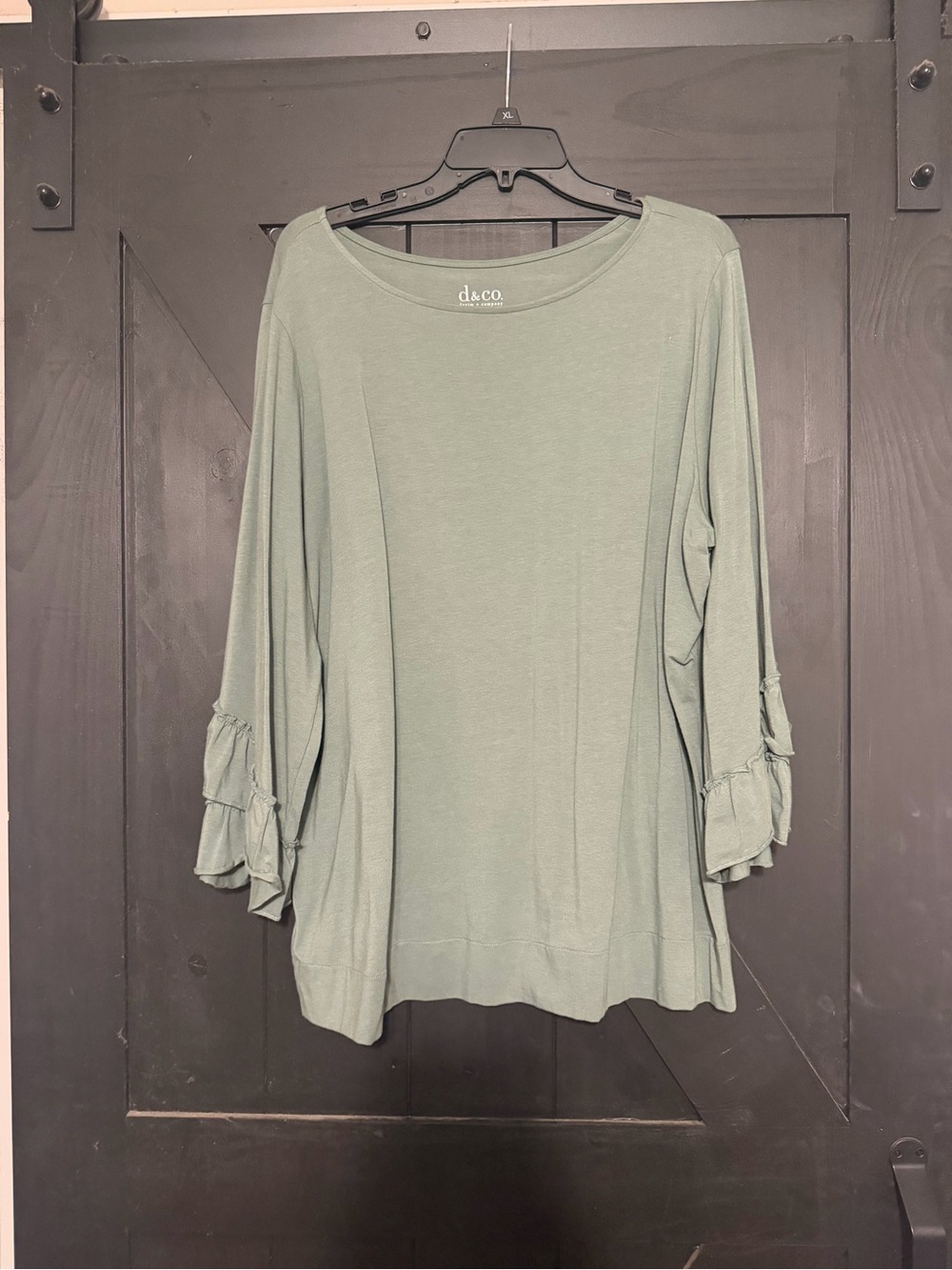 Denim&Co Sage Green Ruffle Cuff Long Sleeve Top